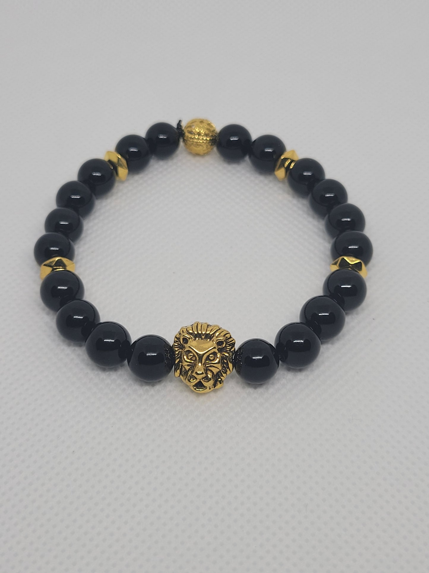 Black Onyx Bracelet with Gold Lion Charm