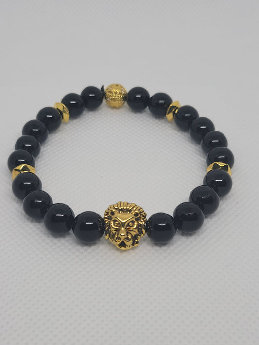 Black Onyx Bracelet with Gold Lion Charm