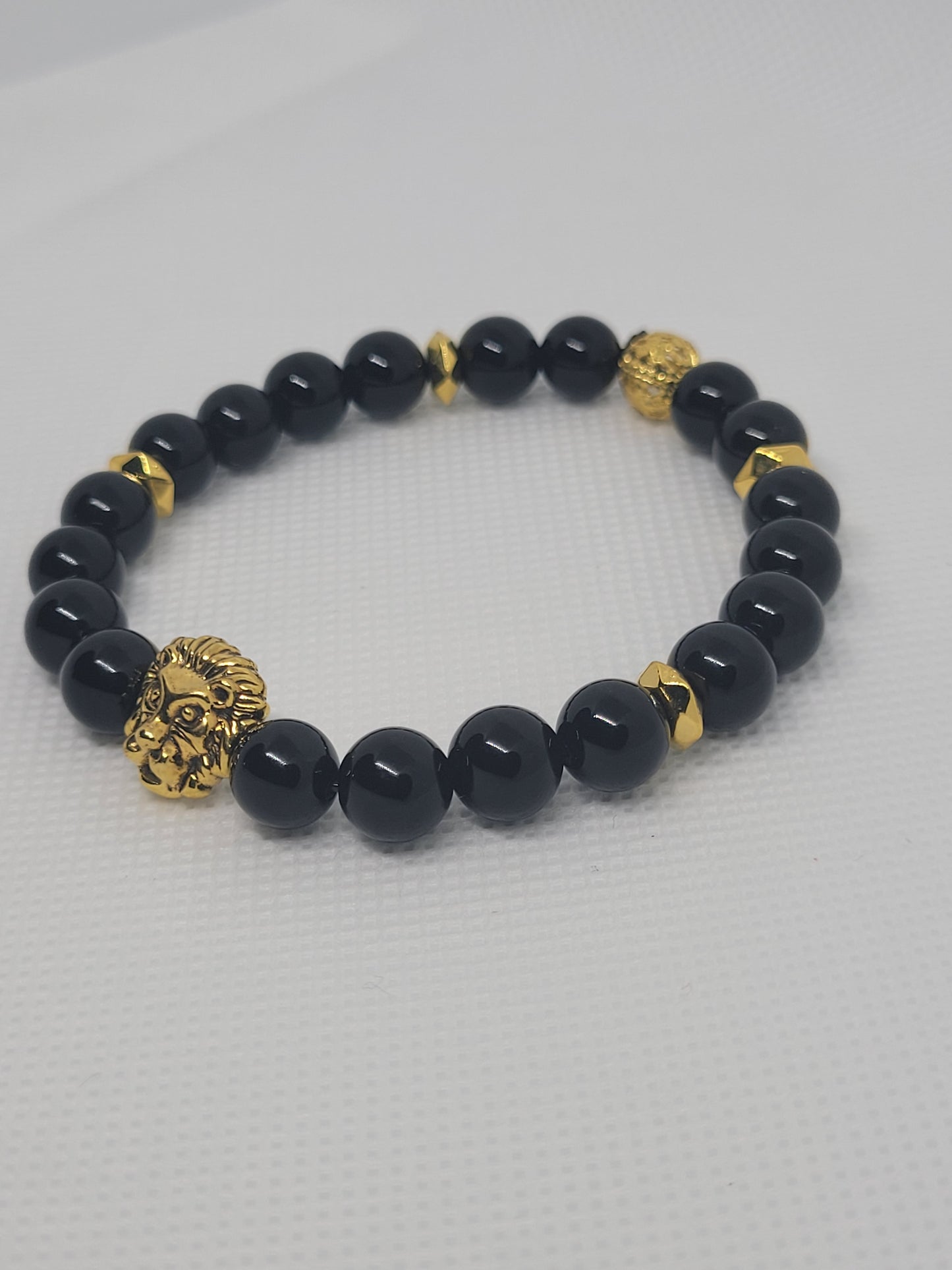 Black Onyx Bracelet with Gold Lion Charm